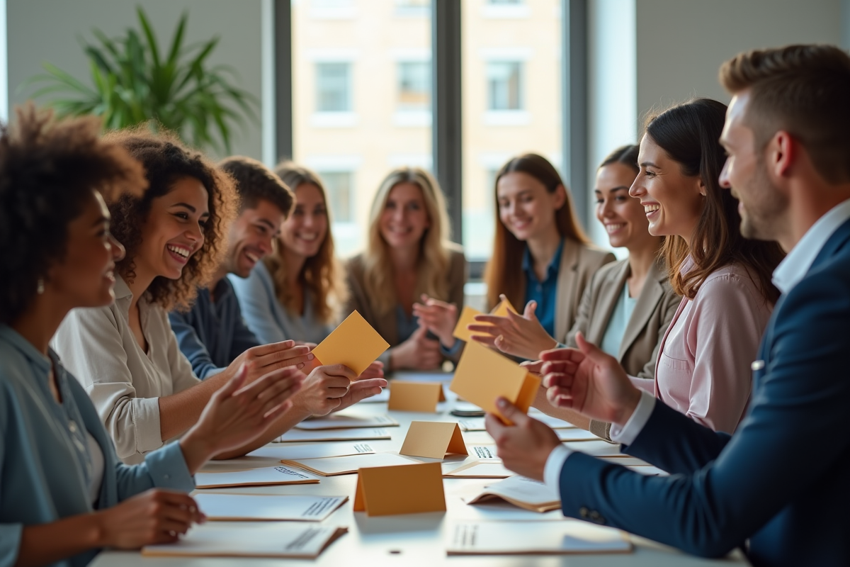Equipe diverse célébrant la distribution de bonus en entreprise