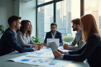 Groupe de professionnels autour d'un bureau moderne avec graphiques