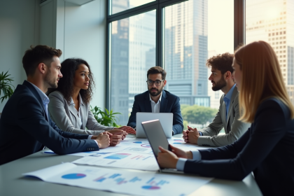 Groupe de professionnels autour d'un bureau moderne avec graphiques