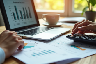 Espace de travail professionnel avec documents financiers et ordinateur