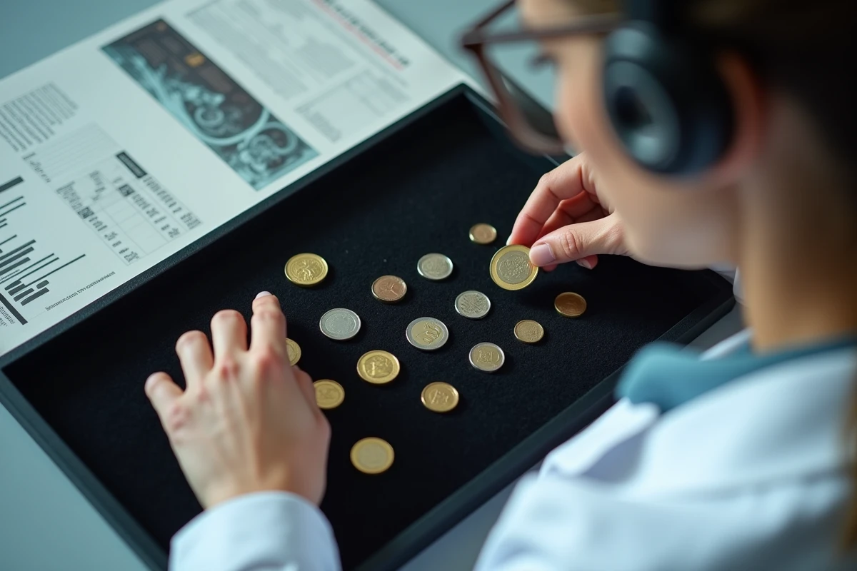 Numismate professionnelle expertisant une pièce de 50 centimes sur plateau de velours noir en cabinet d'expertise