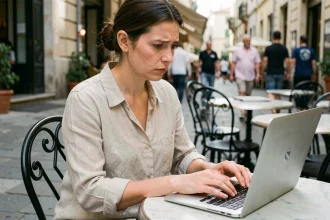 Femme expatriée accédant à ses comptes bancaires en ligne depuis un café à l'étranger avec son ordinateur portable
