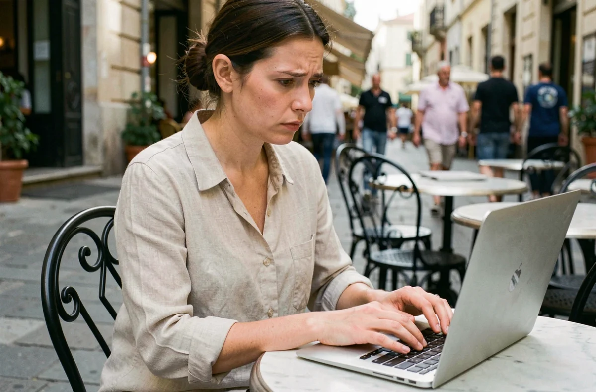 Femme expatriée accédant à ses comptes bancaires en ligne depuis un café à l'étranger avec son ordinateur portable