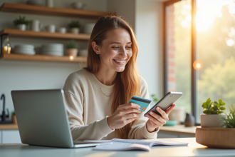 Jeune femme souriante achetant en ligne avec smartphone et carte