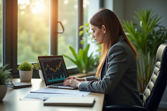 Femme d'affaires analysant des graphiques financiers au bureau