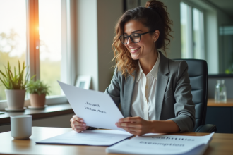 Femme d'affaires confiante souriante avec documents legal