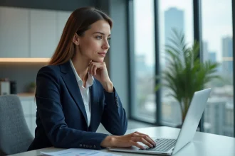 Femme d'affaires en costume regardant des graphiques financiers