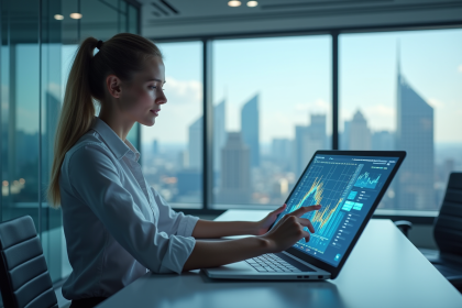 Femme d'affaires analysant des graphiques numériques modernes