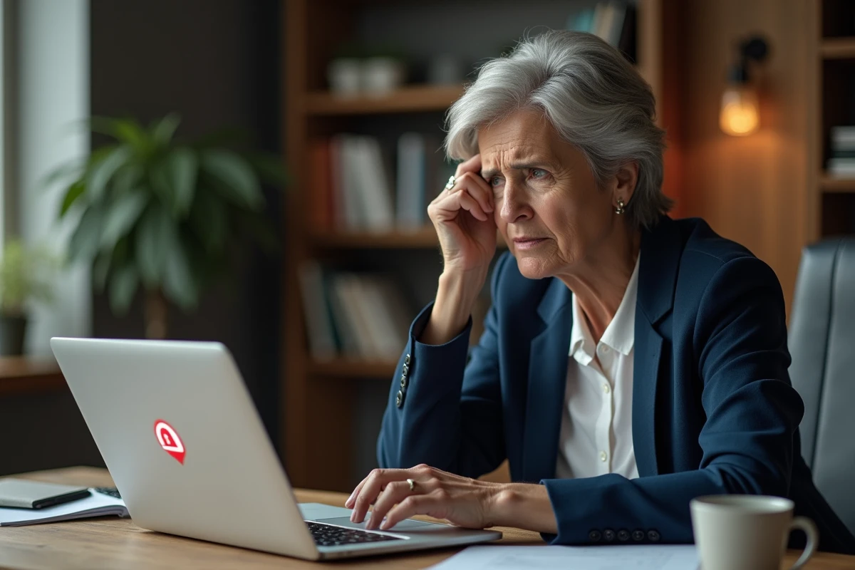 Femme inquiète consultant une alerte de fermeture de compte bancaire sur son ordinateur portable à domicile