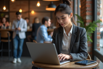 Jeune femme analysant des graphiques crypto au café