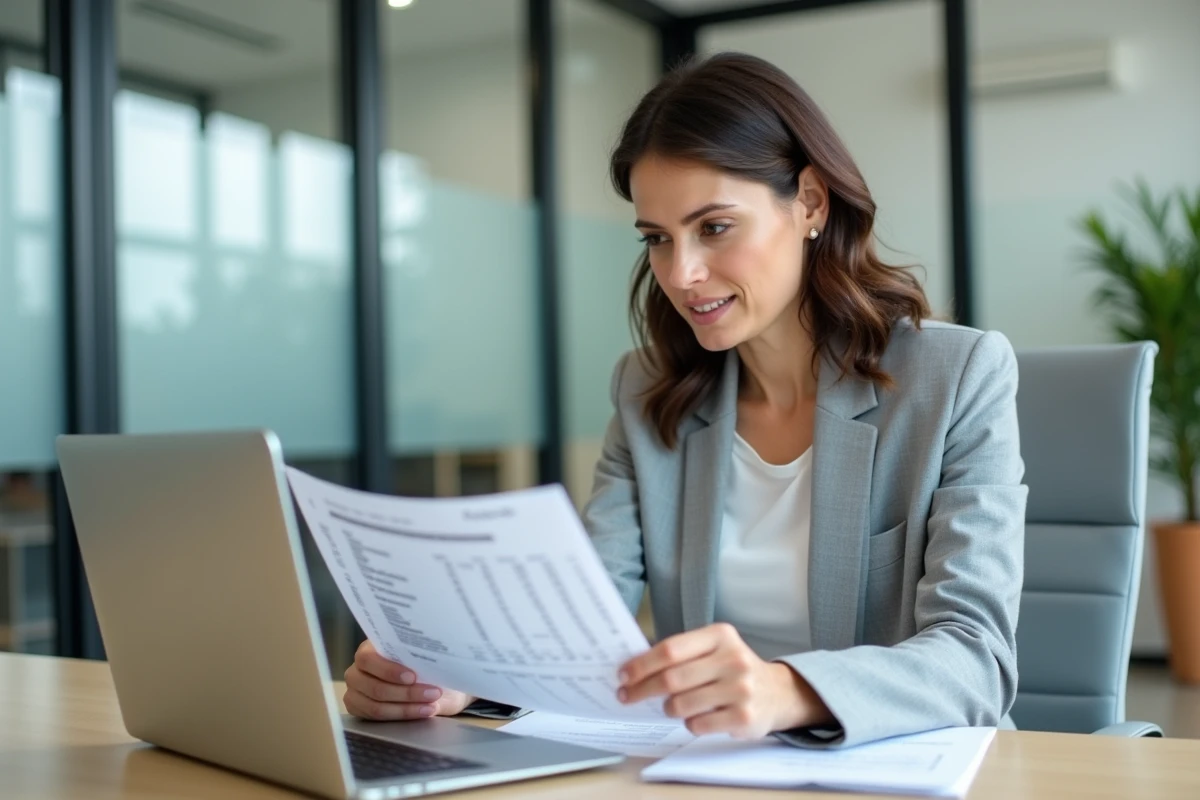 Femme professionnelle analysant son bulletin de paie dans un bureau moderne, comprenant les déductions salariales de 1800 euros bruts en net