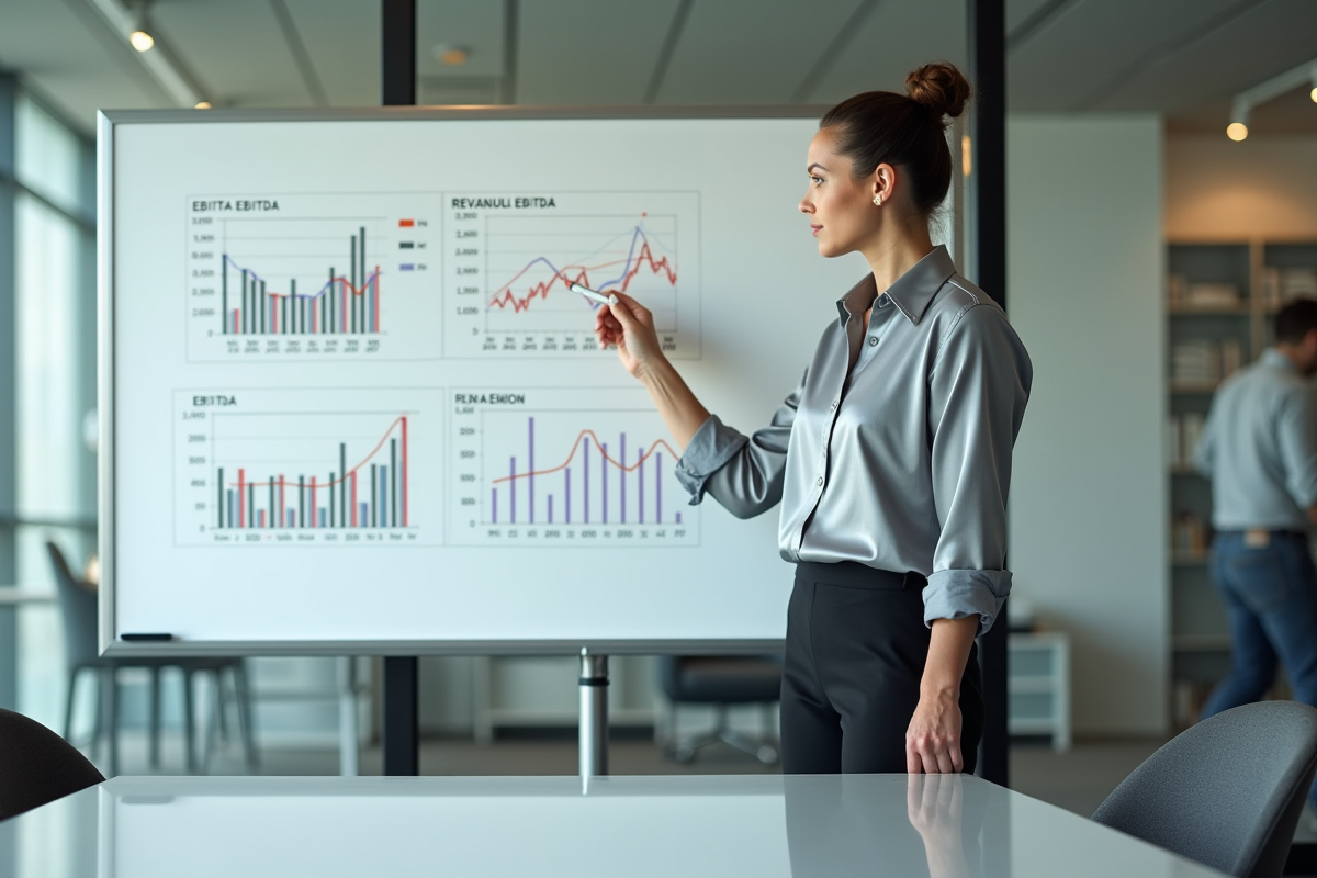 Analyste financière en réunion devant un tableau blanc