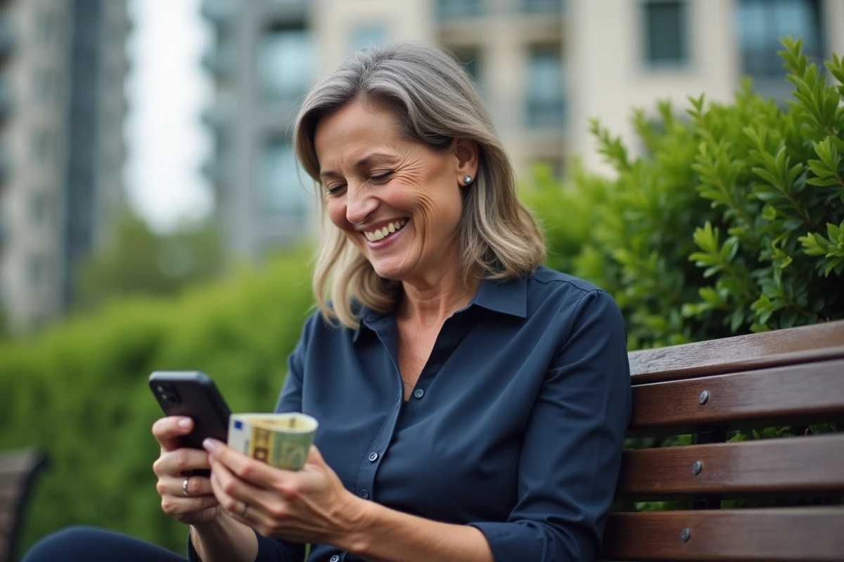 Femme souriante vérifiant son smartphone avec des billets dans un parc urbain