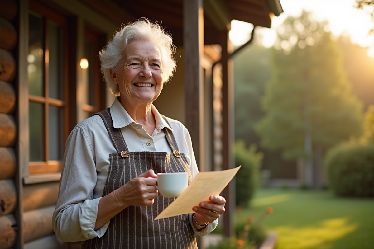 Femme retraitée souriante dans son jardin avec lettre de pension