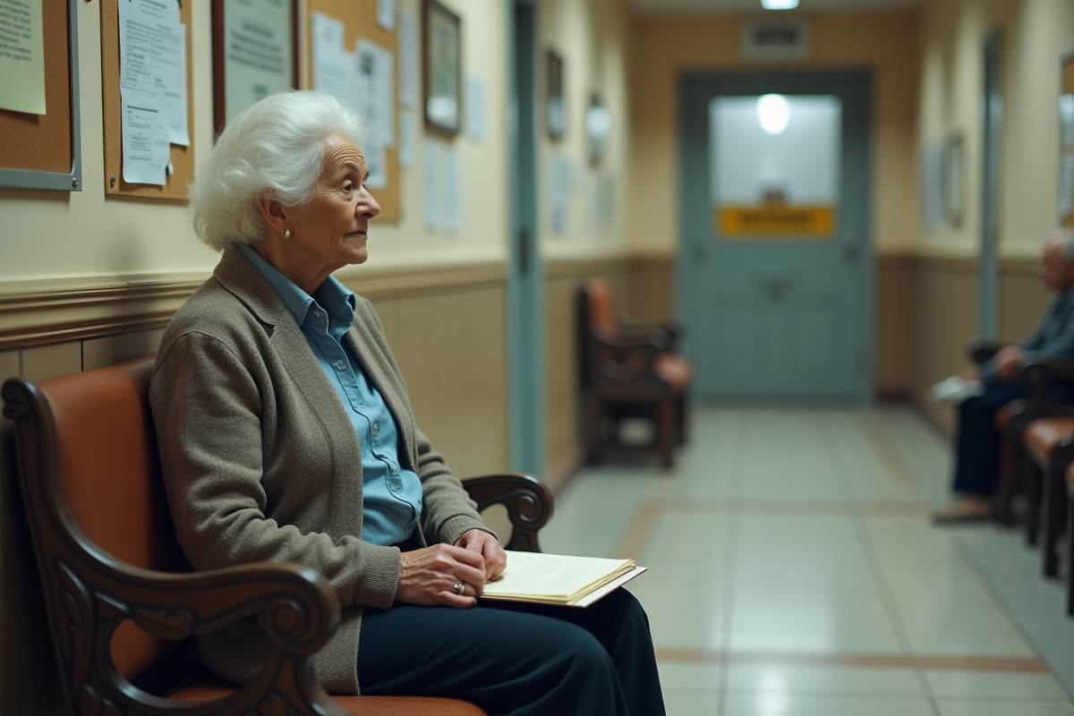 Femme âgée attendant dans un couloir de notaire
