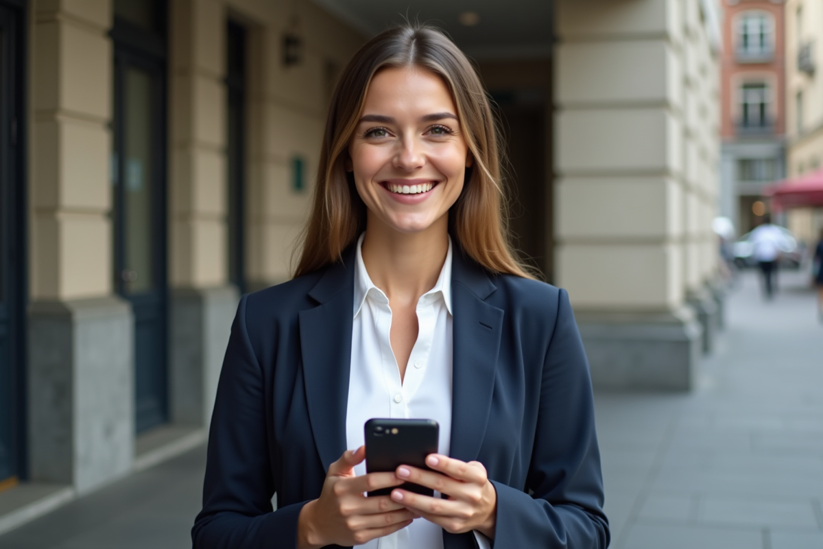 Jeune femme tenant un smartphone avec application de credit