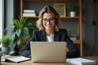 Femme d affaires regardant son ordinateur pour banque digitale