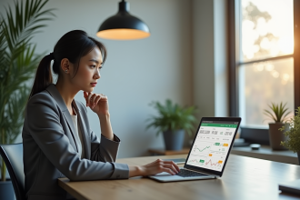 Jeune femme professionnelle utilisant une banque en ligne dans un bureau lumineux