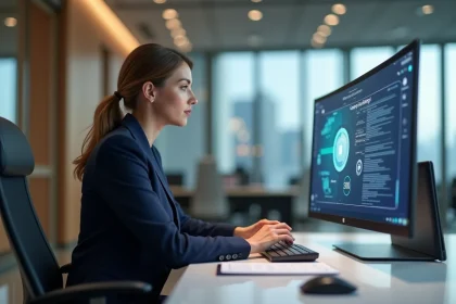 Femme d'affaires en costume bleu examinant des documents num&eacute;riques