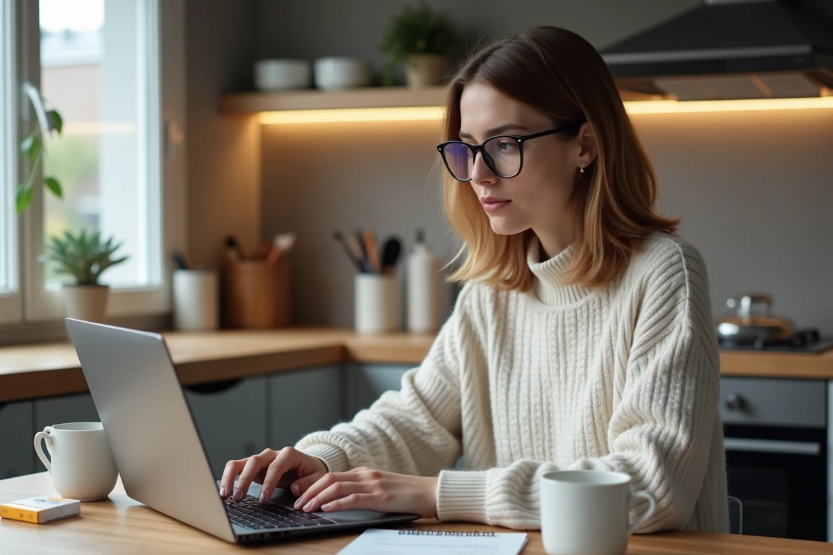 Femme belge travaillant sur son ordinateur à la maison