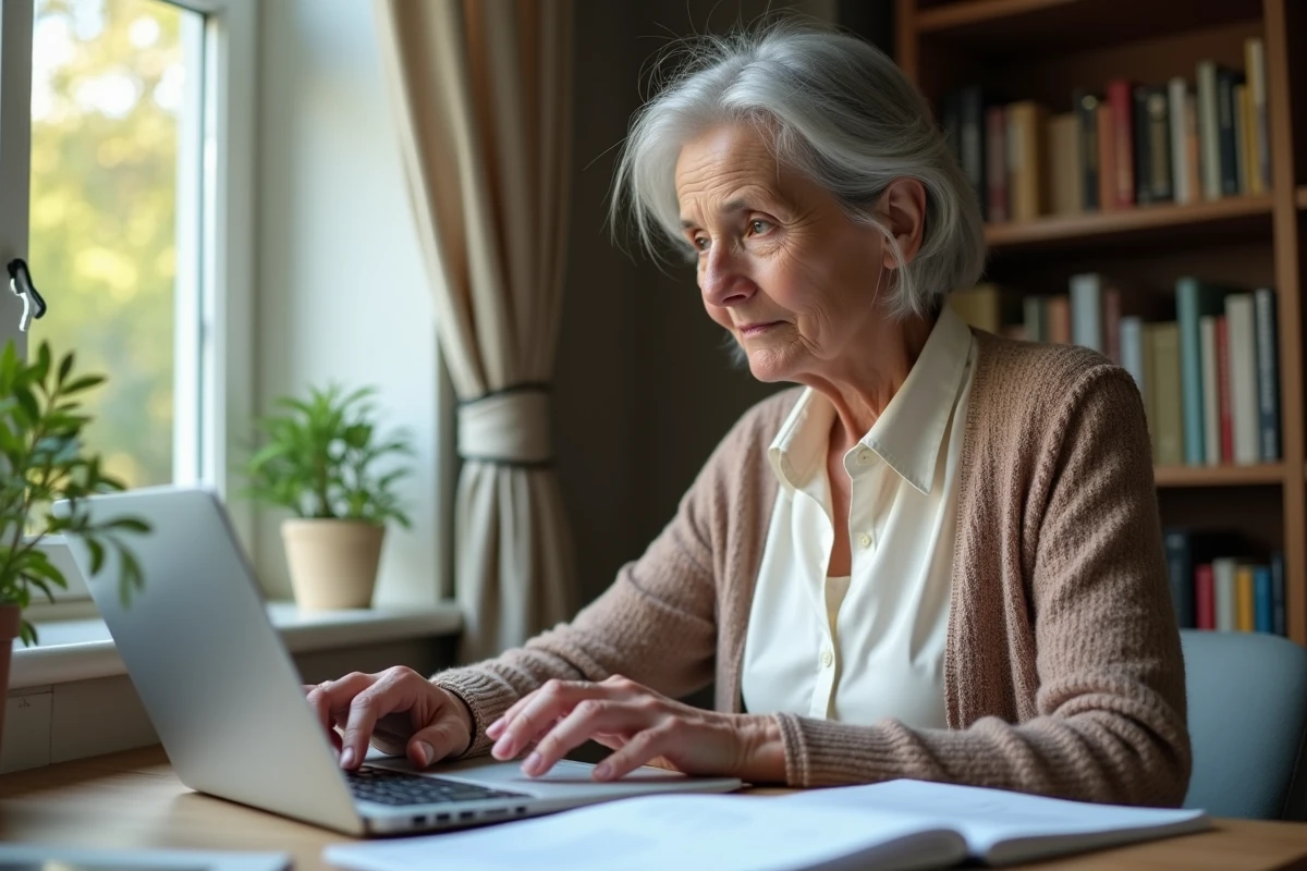 Femme senior travaillant sur son ordinateur dans un bureau cosy