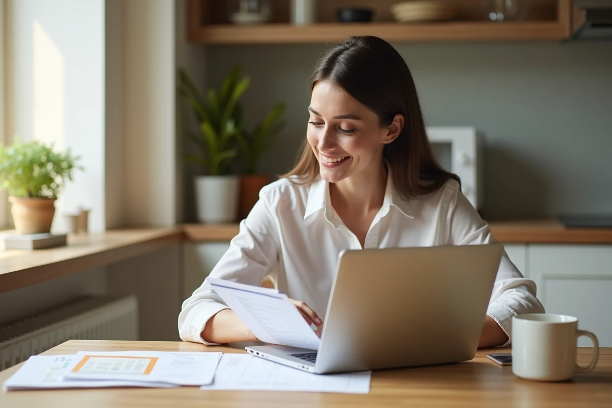 Femme au bureau cuisine vérifiant un document de paie