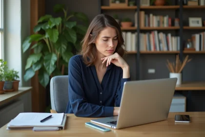 Femme pensant devant son ordinateur dans un bureau moderne