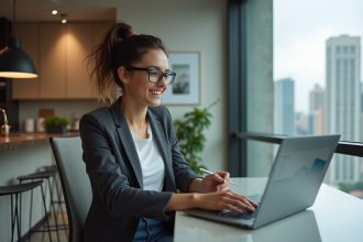 Jeune femme au bureau souriante et concentrée