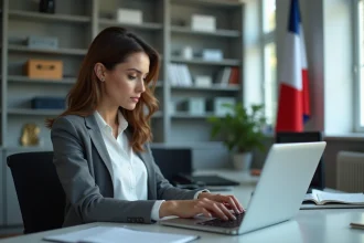 Femme en bureau simulant salaire en ligne