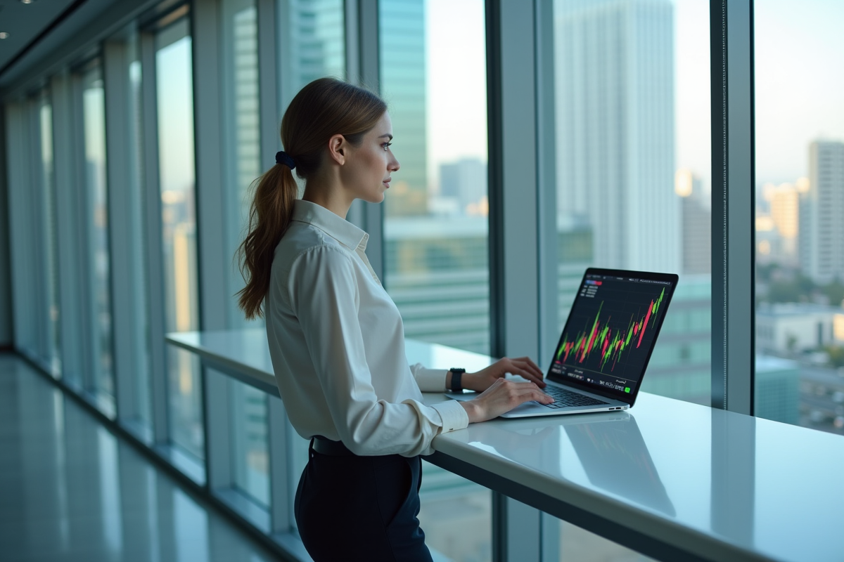 Jeune femme au bureau regardant un graphique financier