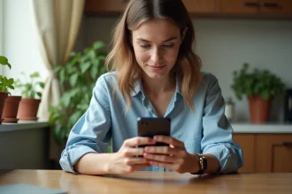 Jeune femme consultant une application de cagnotte en ligne sur son smartphone dans une cuisine moderne