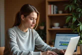 Femme consultant une page de cagnotte solidaire en ligne sur son ordinateur portable à la maison