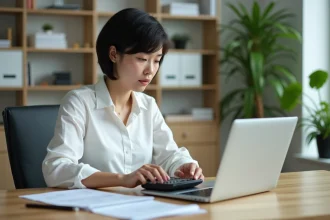 Femme concentrée utilisant une calculatrice dans un bureau moderne