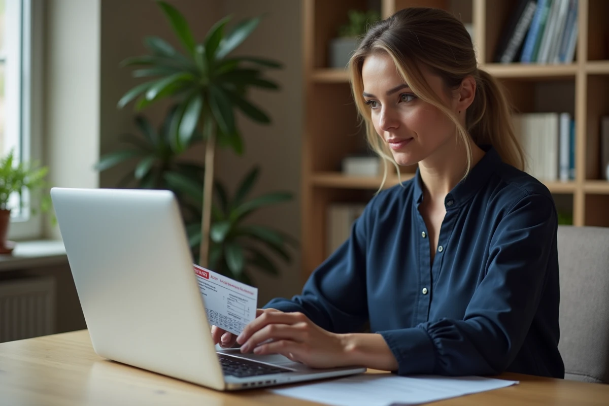 Femme utilisant un calculateur de gains EuroMillions Étoile Plus sur ordinateur portable dans un bureau à domicile
