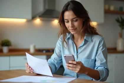 Femme consultant son calendrier de paiement CAF sur smartphone avec des documents administratifs sur une table de cuisine