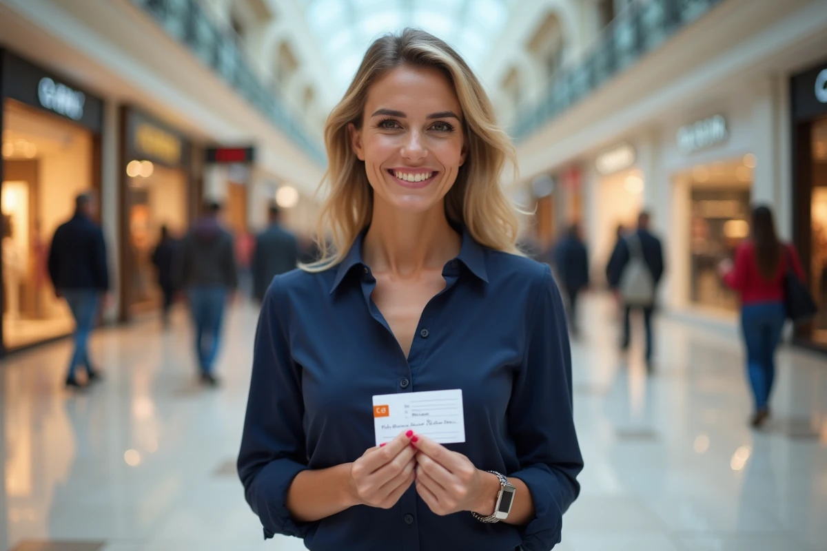Femme tenant un chèque cadeau Kadéos dans un centre commercial français en 2026