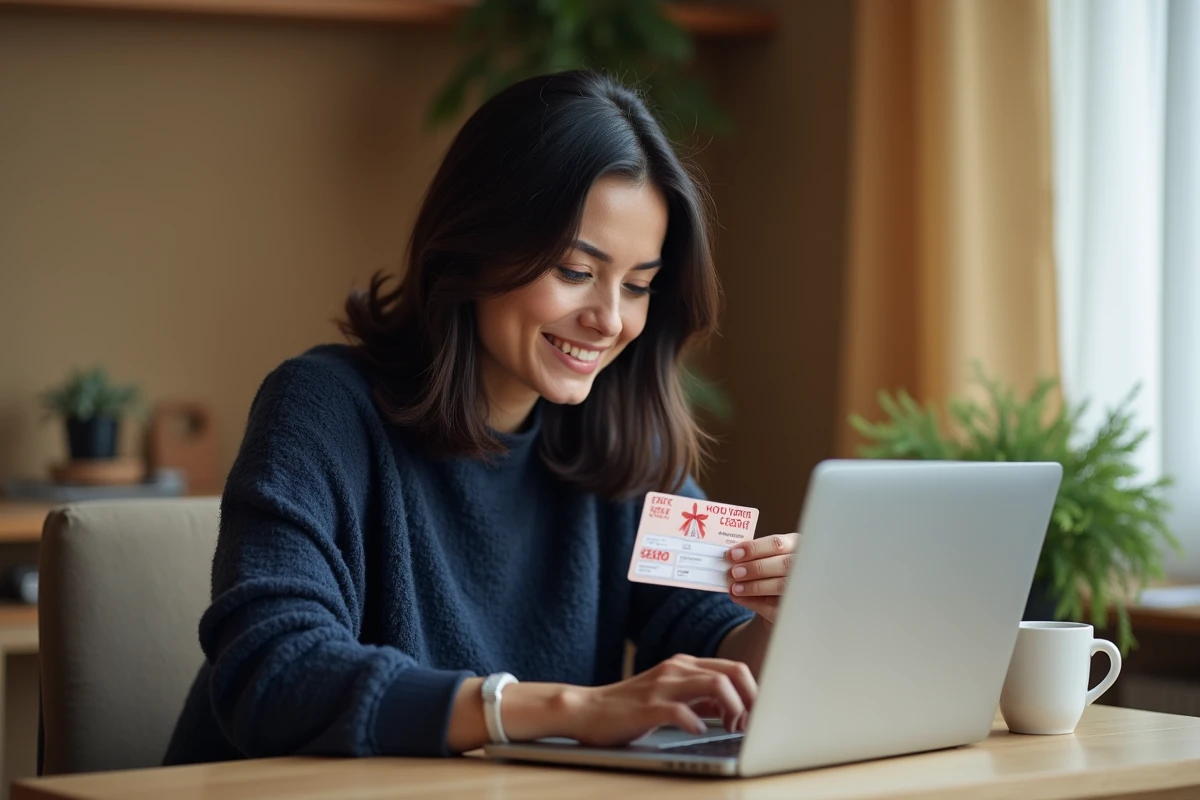 Femme utilisant un chèque Cadhoc pour payer en ligne depuis son bureau à domicile
