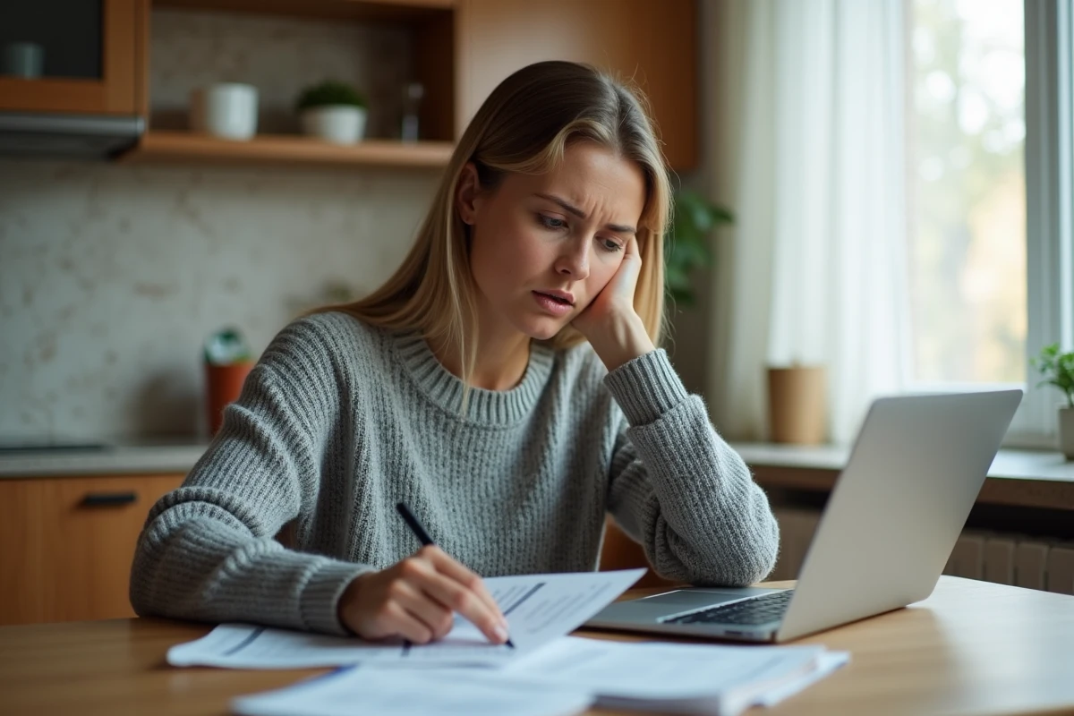 Femme au chômage analysant ses options de prêt de 1500 euros sur son ordinateur portable à la maison