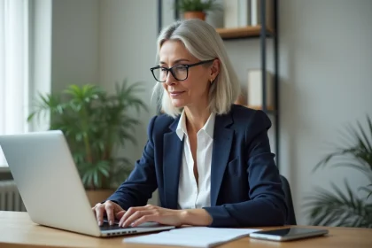 Femme consultant son compte bancaire en ligne Banque Populaire sur un ordinateur portable dans un bureau à domicile