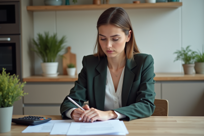 Jeune femme concentr&eacute;e sur un contrat de pret immobilier