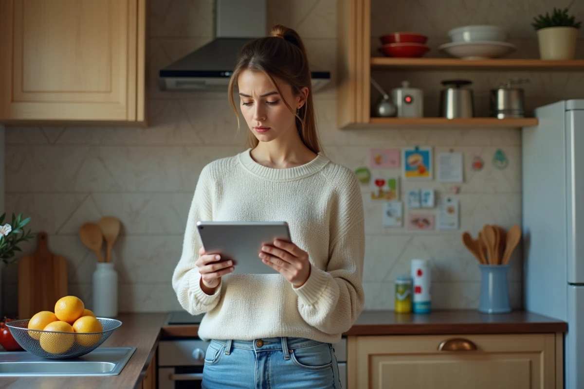 Jeune femme vérifiant une notification bancaire sur une tablette à la maison