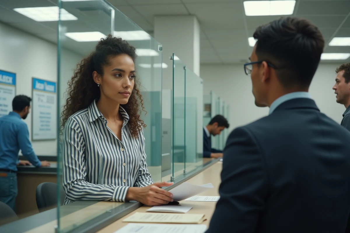 Jeune femme avec un petit salaire discutant d'un prêt trésorerie sans justificatif avec un conseiller bancaire