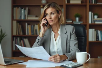 Femme en blazer gris contactant son organisme de crédit par téléphone pour un remboursement anticipé Cofidis