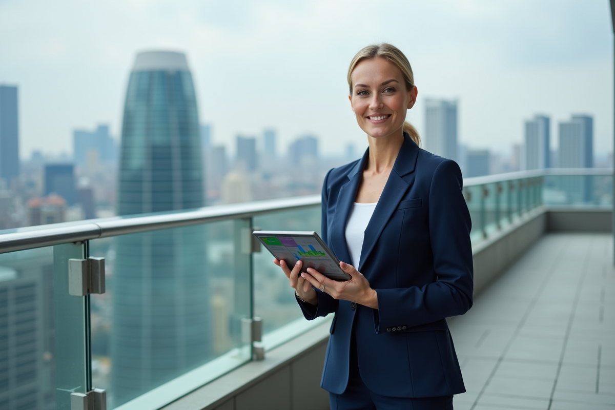 Femme exécutive sur un toit avec tablette