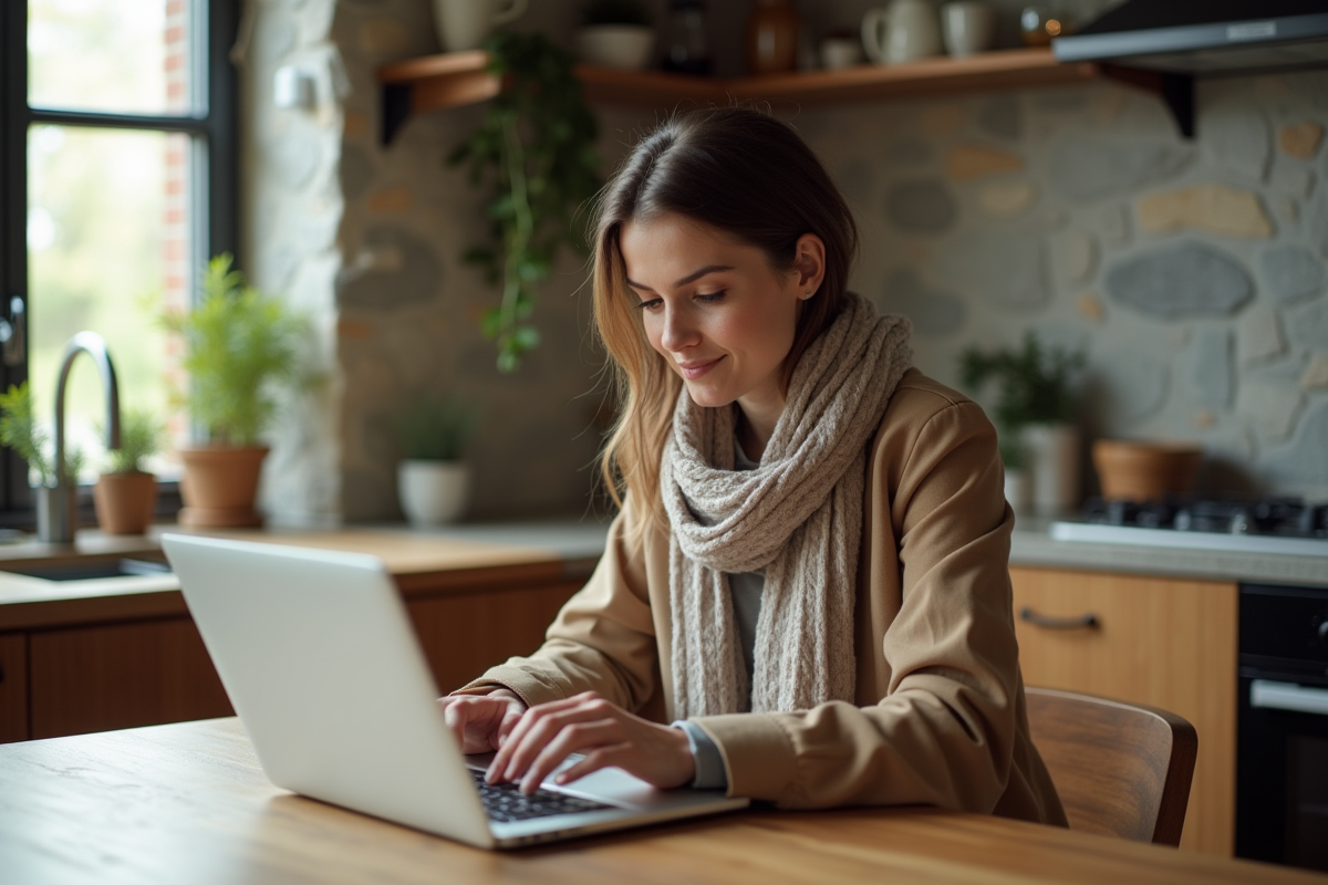 Femme en cuisine examinant un budget écologique sur son ordinateur