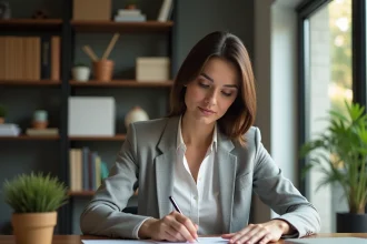 Femme consultant son relevé d'épargne salariale CIC à son bureau à domicile