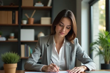 Femme consultant son relevé d'épargne salariale CIC à son bureau à domicile