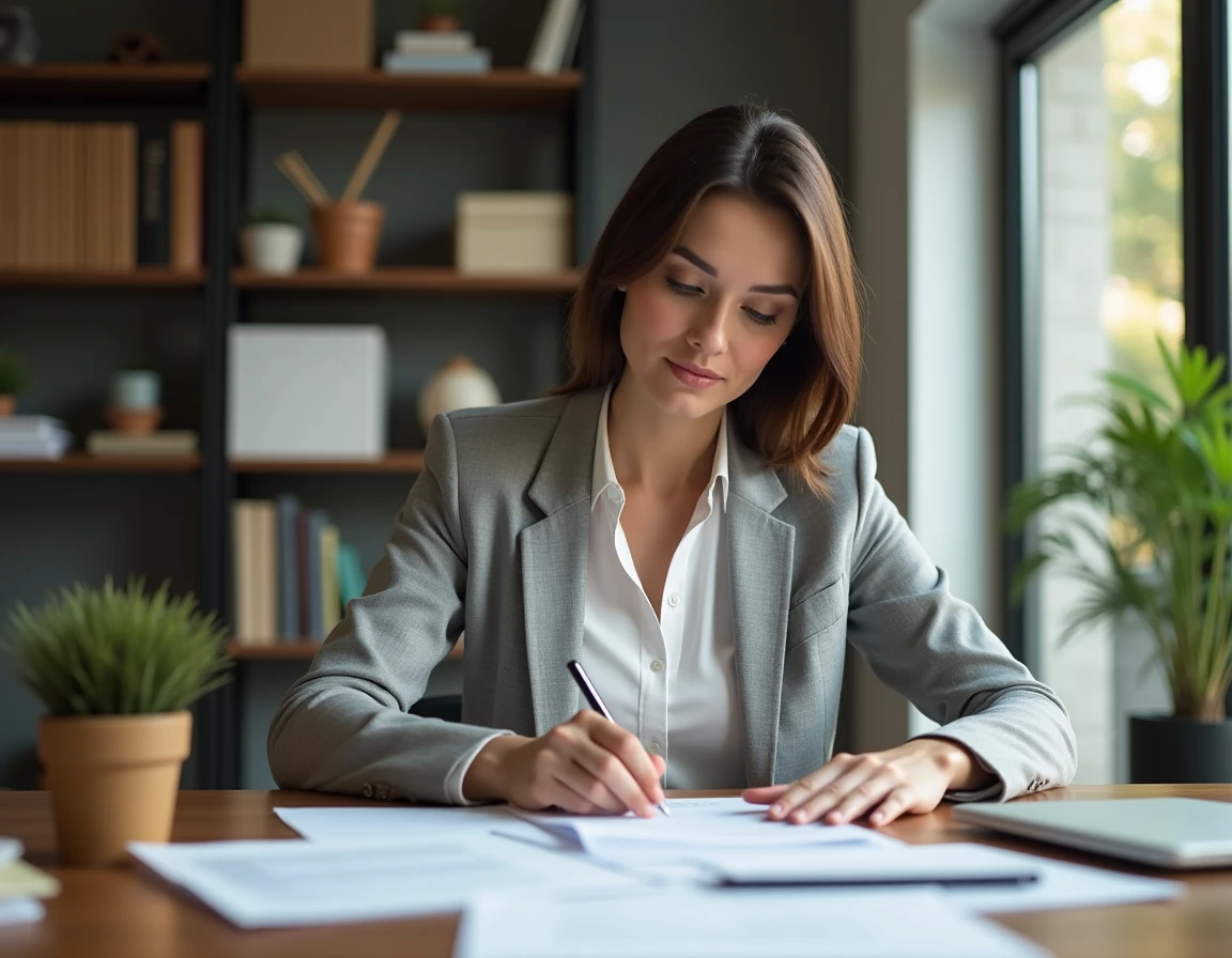 Femme consultant son relevé d'épargne salariale CIC à son bureau à domicile