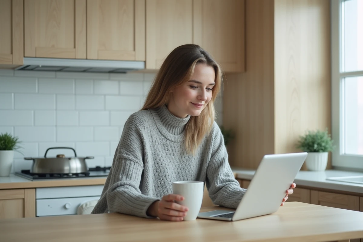 Femme consultant l'espace client de sa banque en ligne sur une tablette dans une cuisine moderne