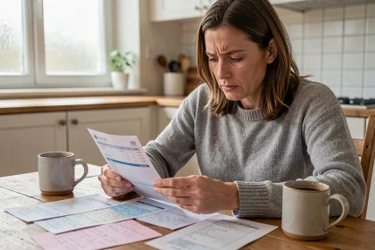 Femme consultant sa fiche de paie et calculant son salaire net à partir d'un brut de 2300 euros